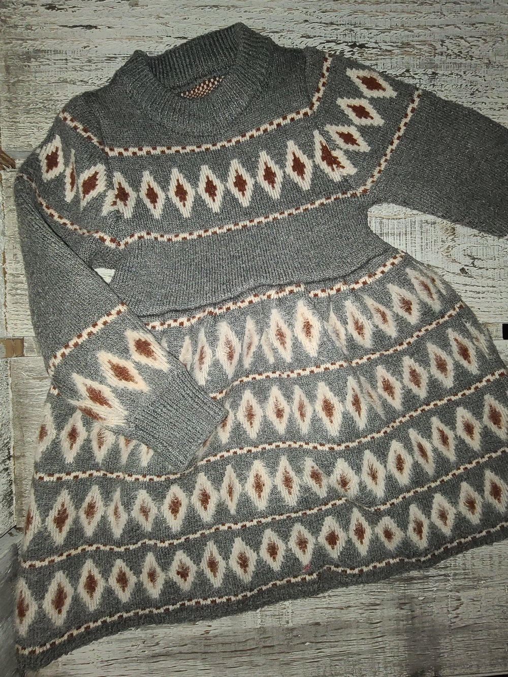 Girls' Grey Knit Fair Isle Dress with Cream & Brown Pattern